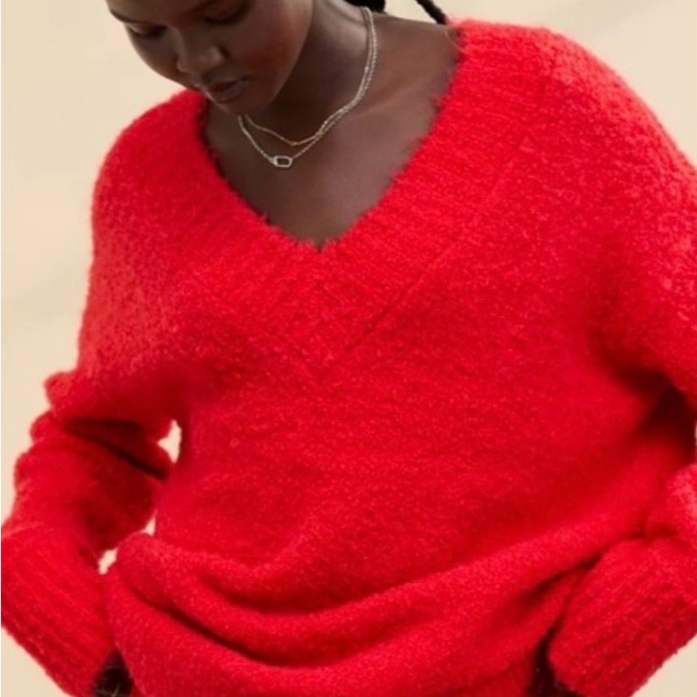Aerie Red Fuzzy V-Neck Sweater Size L